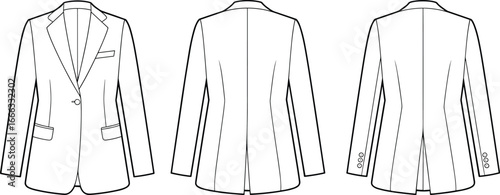 Blazer jacket technical flat sketch vector template, tailored long sleeve formal coat design with pockets, front and back view, professional fashion illustration