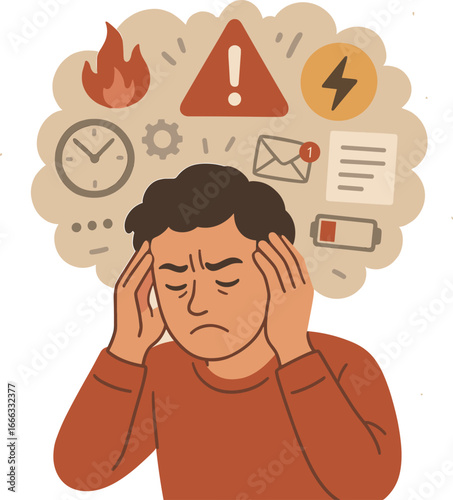 Man suffering from stress and overload with icons of tasks and warnings