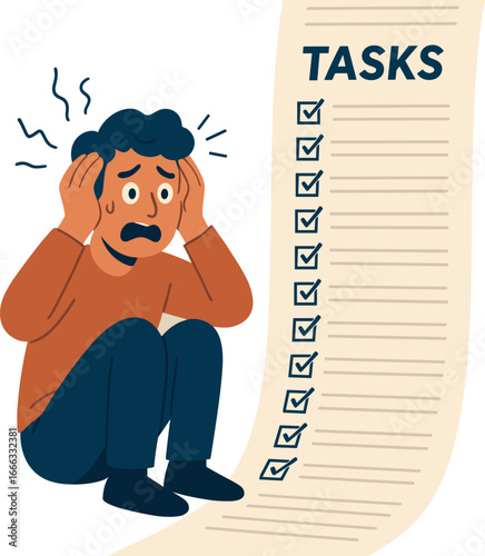 Overwhelmed Person With Long Task List And Many Checkmarks