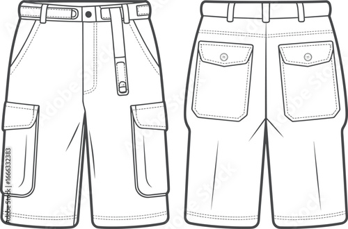 Cargo shorts fashion flat sketch vector template, front and back technical drawing illustration with belt loops, flap pockets, casual men apparel design