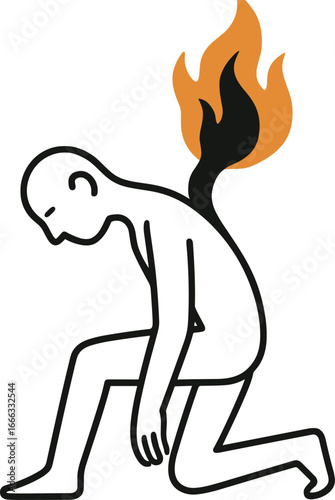 Person on Knees with Fire on Back, Exhausted Man Silhouette