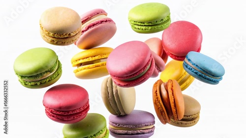 Colorful Macarons Falling Gracefully Against a White Background Showcasing Various Flavors and Textures