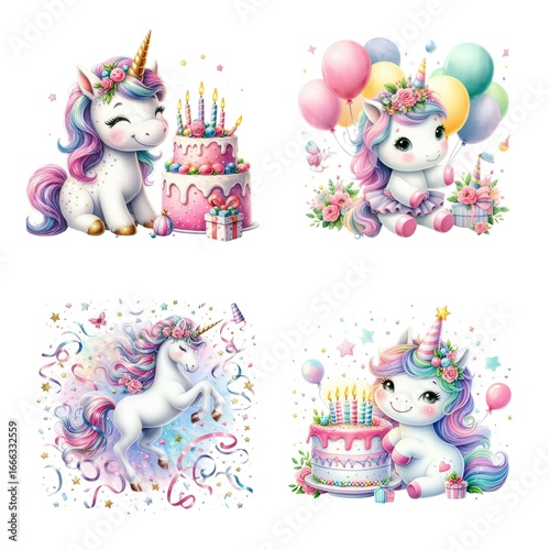 Watercolor Birthday Unicorn Collage – Balloons, Cake, Confetti, and Party Hat, Cute Whimsical Illustrations (4 Designs)