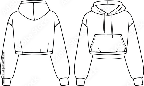 Cropped hoodie vector flat fashion sketch, front and back view template, casual sweatshirt design with hood, drawstring and pocket, clothing outline illustration