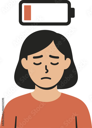 Woman with low battery symbol, exhausted and drained