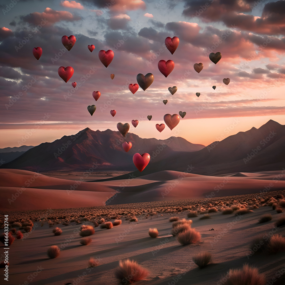 Obraz premium Heart Shaped Balloons Soaring Over Desert Sunset