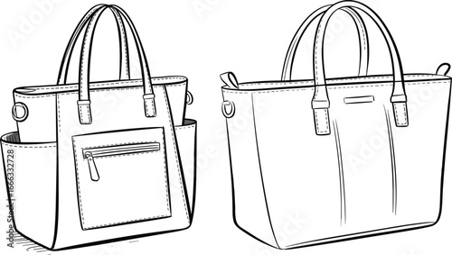Elegant tote bag vector illustration with front and back flat sketch, zipper pocket detail, fashion handbag design template, modern accessory outline drawing.