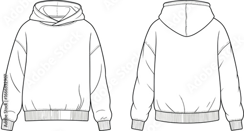 Fashion flat sketch hoodie template, front and back technical drawing, casual unisex sweatshirt design, vector garment outline, streetwear apparel illustration for clothing design