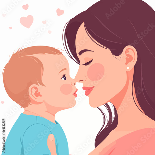 Illustrated loving mother with dark hair and baby with light hair touching noses, sharing a tender, affectionate moment.