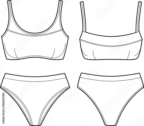 Fashion flat sketch women’s bikini set template, front and back technical drawing, swimwear design illustration, lingerie vector outline for clothing, apparel, and fashion design