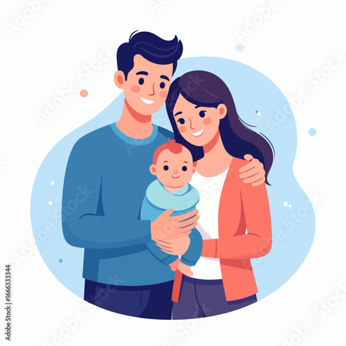 Loving Parents Embrace Adorable Baby in Tender Family Portrait.