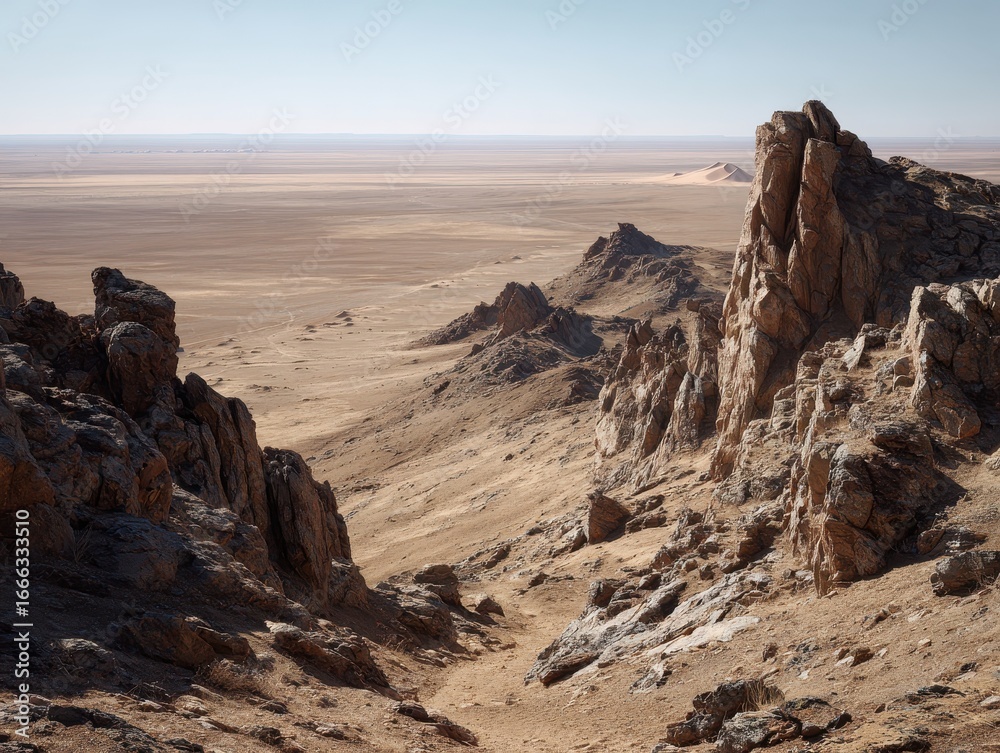 Obraz premium Desolate Gobi expanse: Rugged Rocks and Solitary Dune on the Horizon