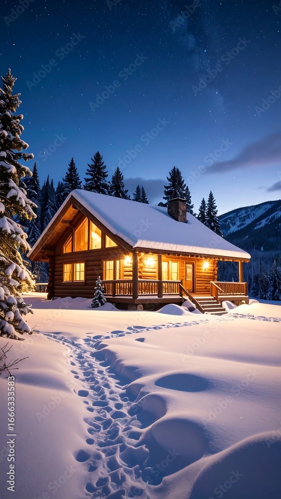 Fototapeta premium Cozy Wooden Cabin in Snowy Mountain Landscape at Dusk.