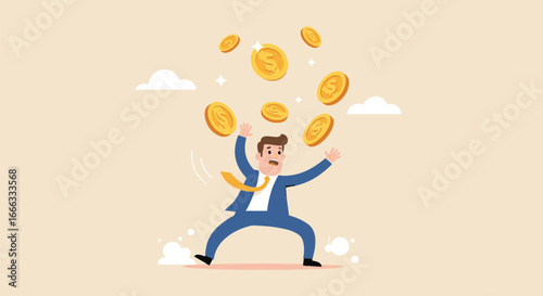 Unexpected wealth, financial windfall, money rain, dollar coins, economic surprise, business success, cash influx, pressure, gain, opportunity
