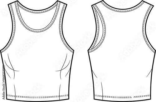 Tank top fashion flat sketch vector, front and back technical drawing template, unisex sleeveless shirt illustration, casual summer clothing design outline for apparel