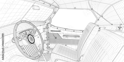 Retro sport car interior wireframe blueprint with detailed steering wheel, dashboard, and control panels in a 3D model design.