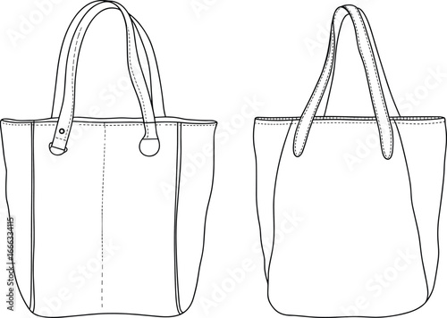 Vector illustration of leather tote bag design with detailed stitching, long handles, fashion accessory, plain handbag sketch, blank template for branding
