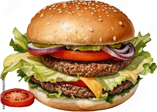 Wallpaper Mural Grilled beef and cheese hamburger with vegetable slice drawing by watercolor. Torontodigital.ca