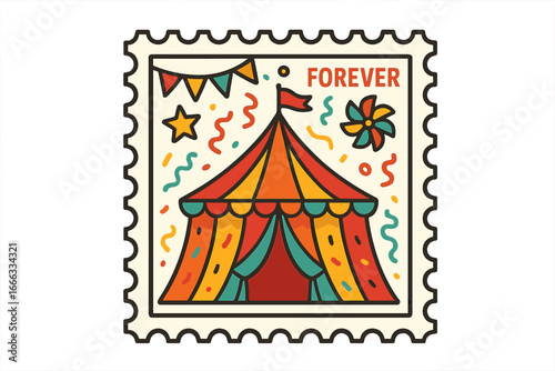 Circus tent on postage stamp vector illustration. Carnival fair fun festival graphic. Colorful big top marquee symbol for celebration event, party, or show. Forever stamp design.