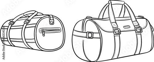 Vector illustration of travel duffel bags with handles, buckles, and zippers, outline drawing design for luggage, gym, sports, and fashion accessories
