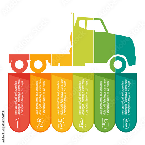 Truck icon with six features or option of project to select. Minimal infographic illustration for transportation and delivery information visualization.