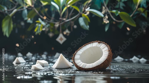 A coconut falls into the water, creating vibrant drops, while scattered coconut pieces surround the scene in natural light.
