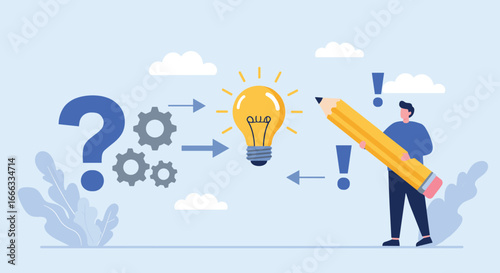 Problem solving, idea generation, creative thinking, question to solution, gears and light bulb, realization concept, innovation, analysis, writing