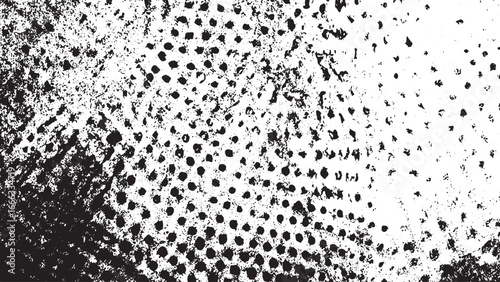 Black ink splatters and circular patterns on  white background creating  distressed texture.