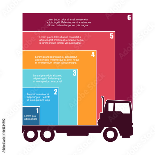 Truck icon with six features or option of project to select. Minimal infographic illustration for transportation and delivery information visualization.