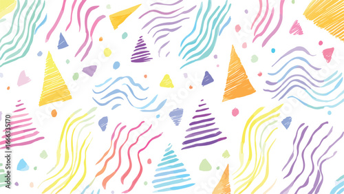  playful abstract pattern featuring hand-drawn shapes and wavy lines in pastel colors.