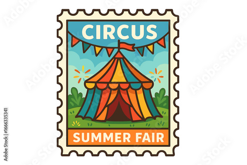 Circus summer fair concept in a postage stamp design. Colorful big top tent with flags at a festival event. Vector cartoon illustration for carnival or funfair celebration.