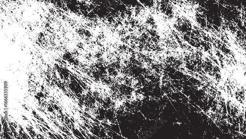  black and white abstract pattern with  distressed, textured appearance featuring scattered speckles and lines.