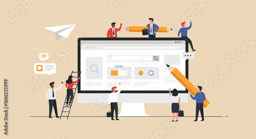 Web development teamwork, UI design concept, digital collaboration, creative interface, content creation, website building, communication, online platform