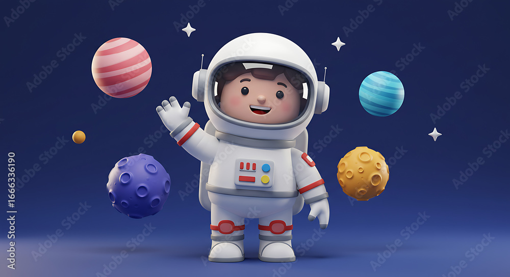 Naklejka premium A charming 3D cartoon astronaut waves amidst a whimsical galaxy of colorful planets and sparkling stars, inviting exploration and discovery in a playful space adventure