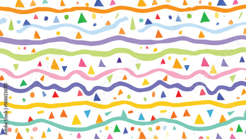  playful abstract pattern featuring wavy lines in various colors and scattered geometric shapes.