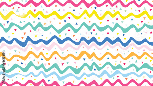  vibrant pattern featuring horizontal wavy lines in various bright colors and scattered small triangles.