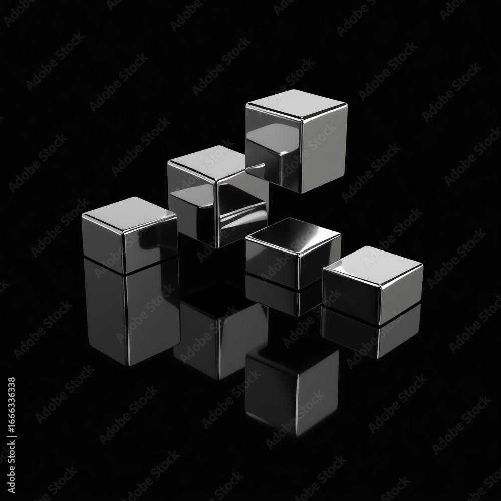 Obraz premium Sleek, metallic cubes arranged in an abstract composition, reflected on a black surface. Perfect for technology, design, or minimalist themes.