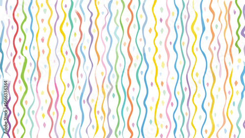  festive pattern of colorful wavy ribbons and scattered diamond shapes on  white background.