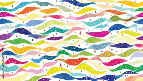  vibrant abstract pattern featuring colorful wavy shapes with white dots and scattered abstract elements.