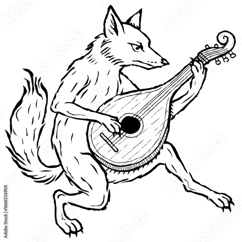 Hand drawn engraving style fox playing lute. Vintage medieval animal illustration in gothic heraldic style, ideal for tattoo design, folklore projects, TTRPG graphics, fantasy art, or decorative print