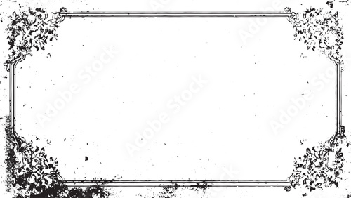  vintage black and white ornate border with floral corner elements and  distressed texture.