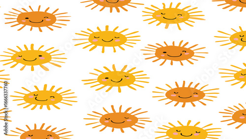  repeating pattern of cute cartoon suns with smiling faces and rosy cheeks on  white background.