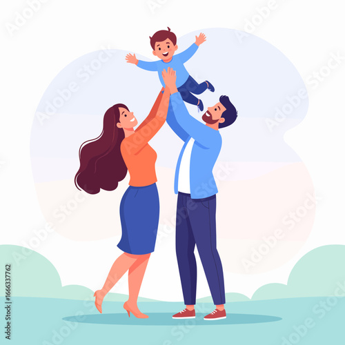 Happy family illustration with parents lifting their joyful child in the air.
