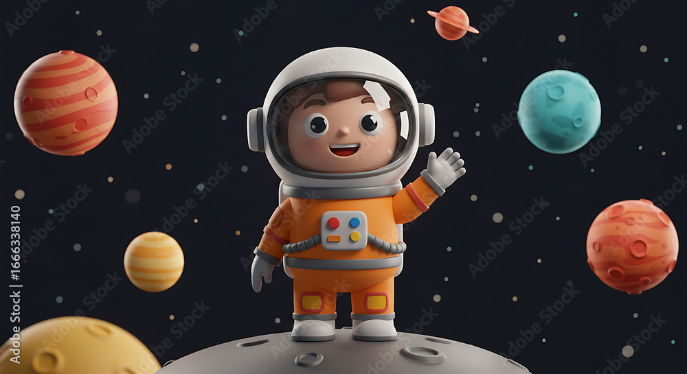 Naklejka premium 3D Astronaut, A happy cartoon astronaut waves hello from a planet's surface, surrounded by colorful planets and stars in outer space