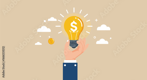 Profitable idea, financial innovation, business creativity, money concept, glowing light bulb, dollar sign, entrepreneurship, success, startup, investment