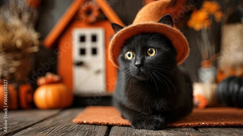 cute black cat with a witch hat and a halloween house in the background 