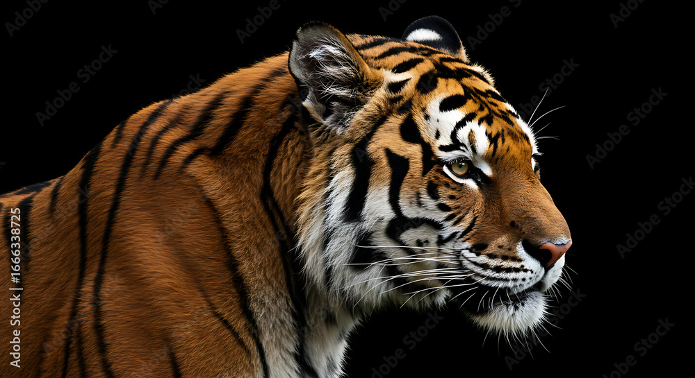 Naklejka premium Majestic Bengal tiger close-up profile against a dramatic dark background