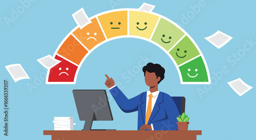 Satisfaction survey, feedback scale, customer experience, performance review, emotion rating, user evaluation, decision-making, happiness meter, response, desk