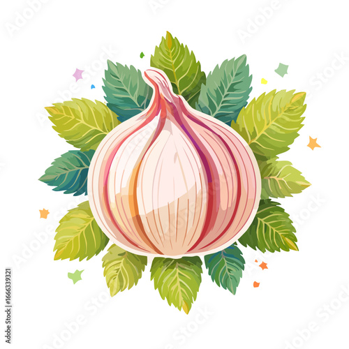 Garlic bulb with fresh green mint leaves and colorful stars on a black background