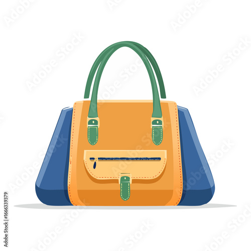Stylish Ladies Handbag with Front Pocket Blue Accent Green Straps Fashionable Accessories Modern Design Colorful Isolated on Black